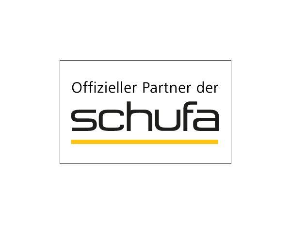 Ein offizielles Logo der Schufa mit einem gelben Unterstrich. Als Schriftzug ist zu lesen: Offizieller Partner der Schufa
