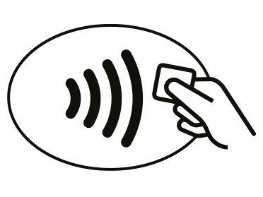 Ovales Logo mit Signalwellen und einer Hand, die eine Karten zwischen den Fingern in Richtung der Wellen hält. Es soll kenntlich machen, dass man per NFC-Funktion kontaktlos bezahlen kann.