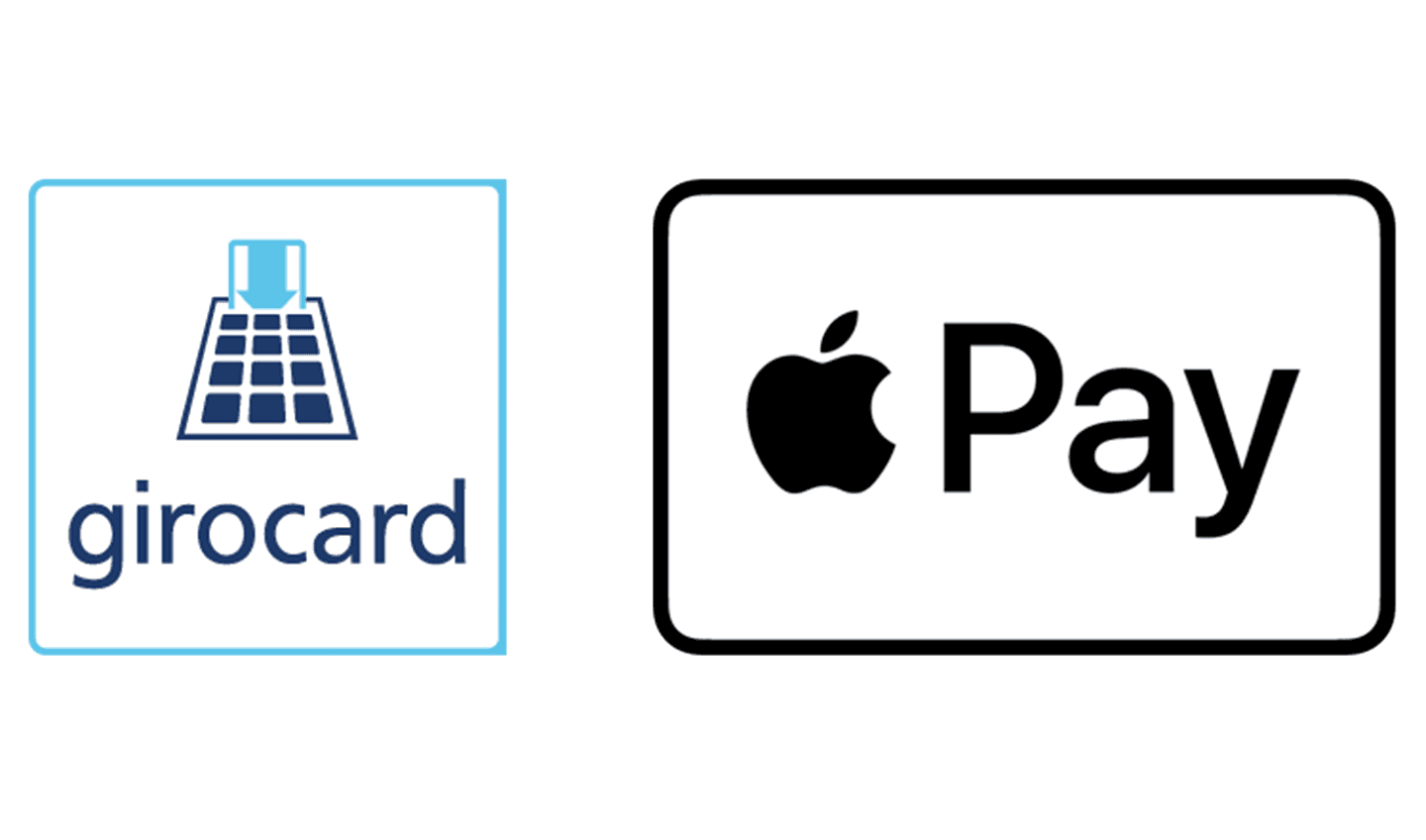 Transparente png Montage von zwei Logos zum mobilen Zahlen. Links GiroCard ohne NFC Funktion und rechts das Apple Pay Zeichen.