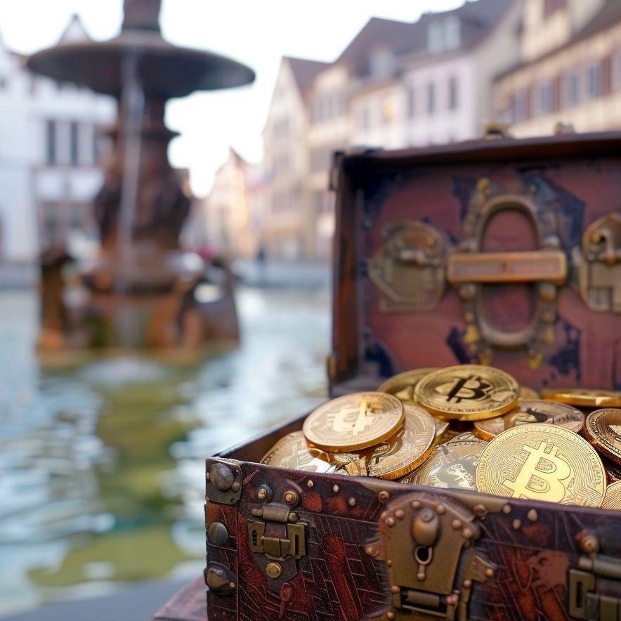 Im Vordergrund steht eine geöffnete Kiste mit goldenen Bitcoin-Münzen. Dahinter unscharf ein Brunnen in einer historischen Altstadt.