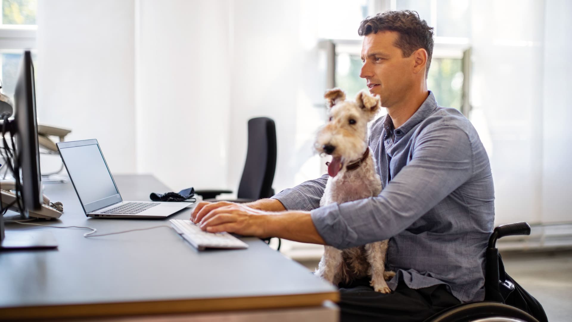 Mann im Rollstuhl sitzt mit Hund auf dem Schoß vor seinem Computer und schreibt mit der Tastatur.