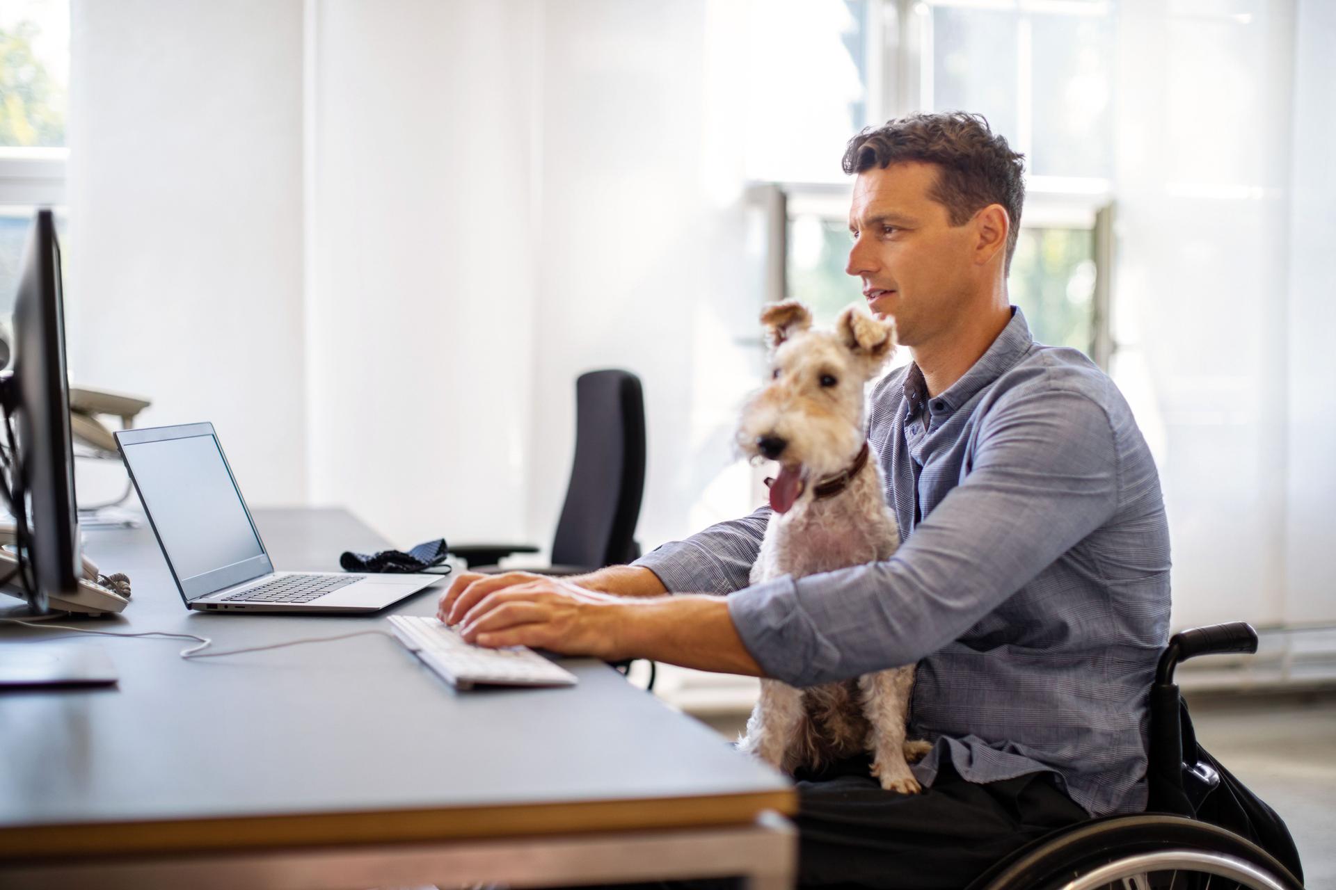 Mann im Rollstuhl sitzt mit Hund auf dem Schoß vor seinem Computer und schreibt mit der Tastatur.