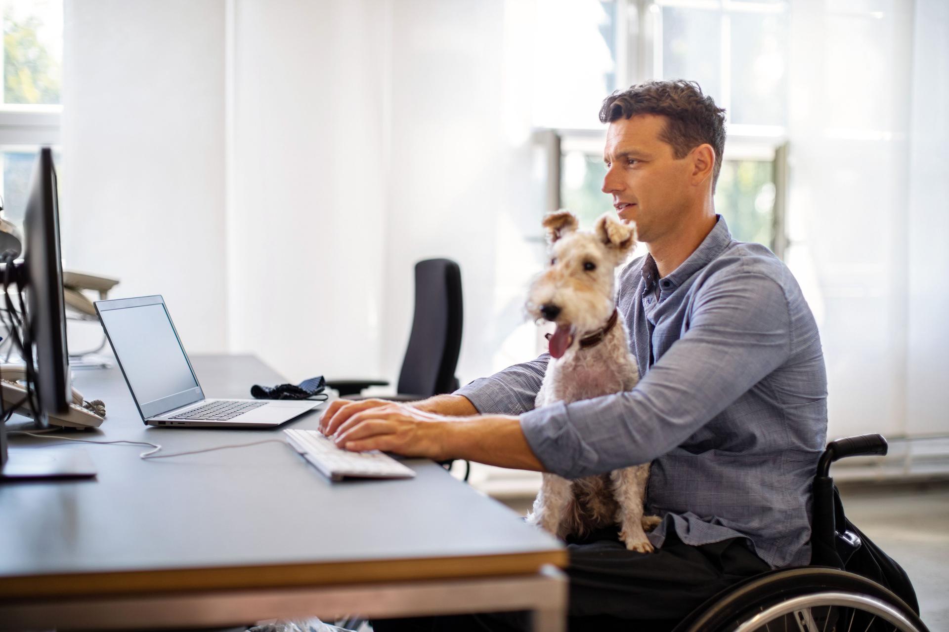 Mann im Rollstuhl sitzt mit Hund auf dem Schoß vor seinem Computer und schreibt mit der Tastatur.