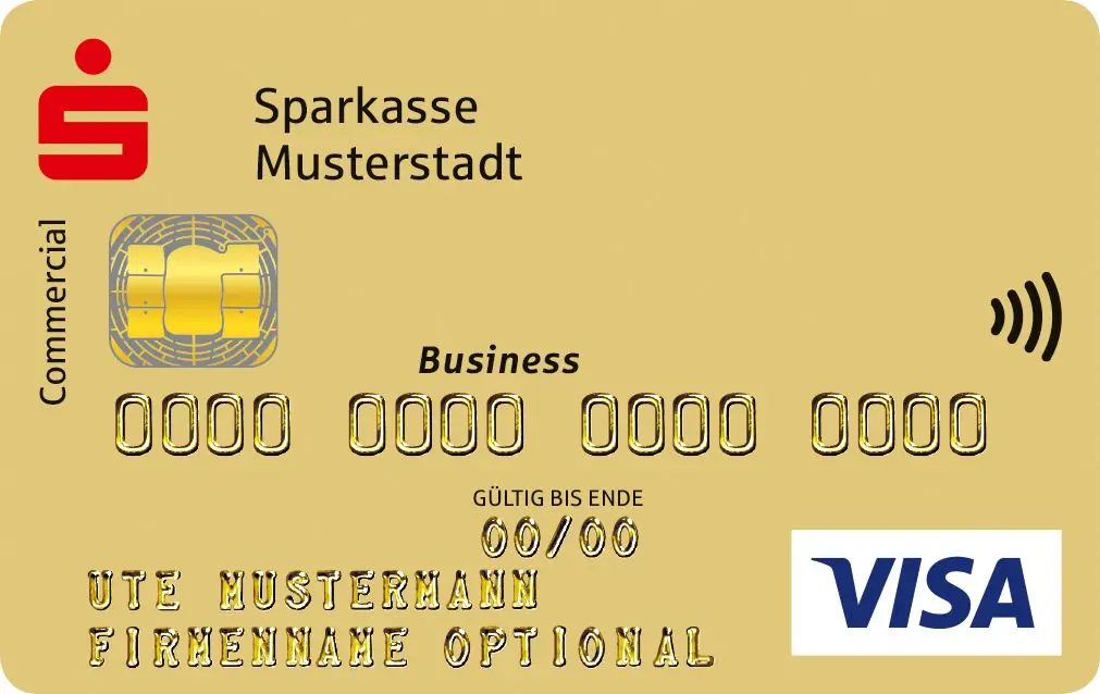 Muster einer Sparkassen Visa Business Gold Kreditkarte auf den Namen Ute Mustermann ausgestellt. Neben den Kundendaten sind ein Chip und das NFC Zeichen erkennbar.