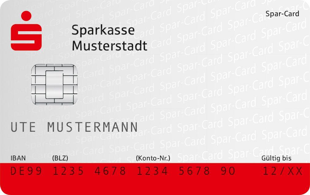 Muster einer Sparkassen Spar-Card auf den Namen Ute Mustermann ausgestellt. Neben den Kontodetails ist ein Chip erkennbar.