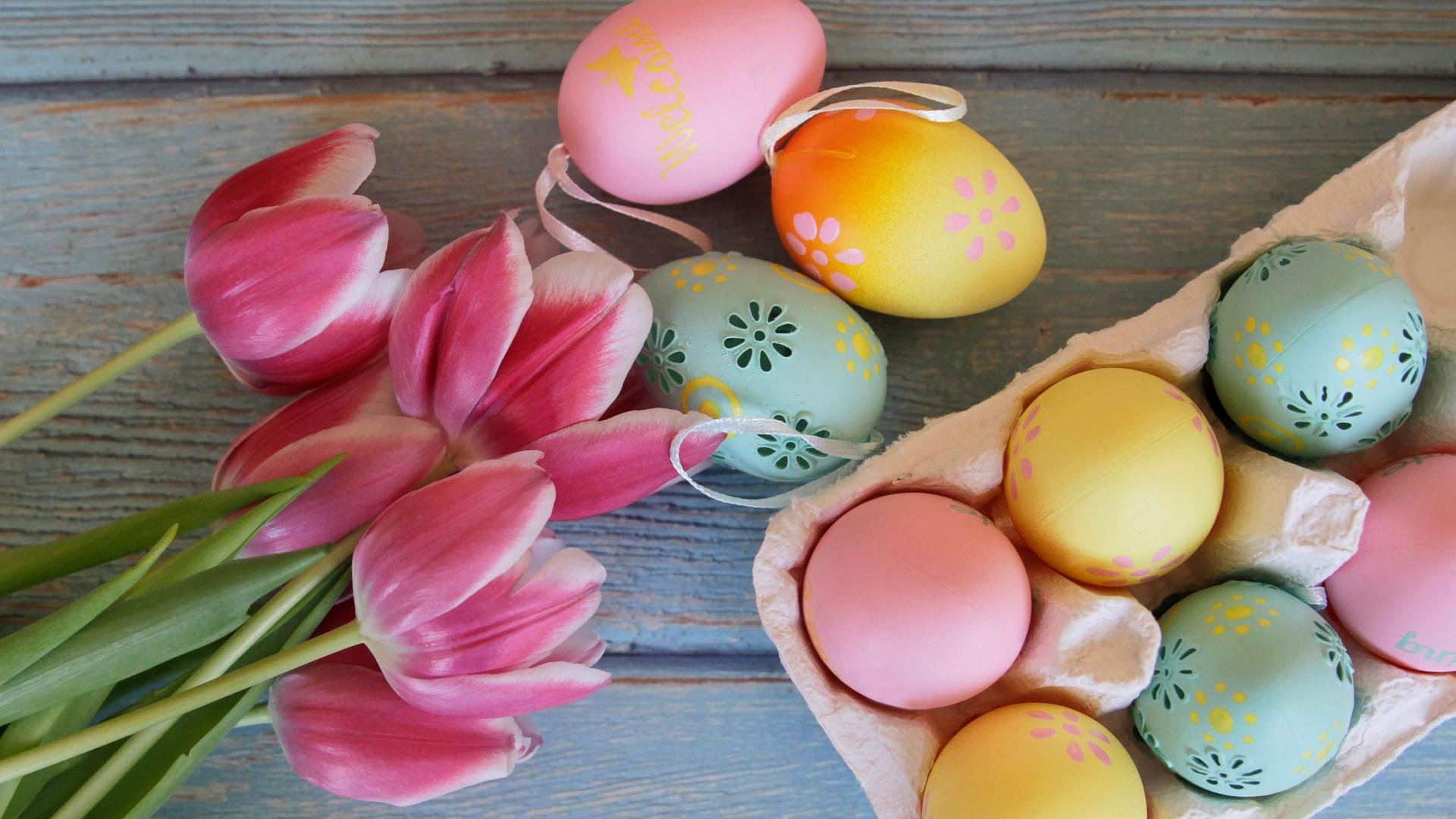 Neues im April: Ein Eierkarton gefüllt mit bunten Eiern liegt auf einem Tisch, daneben ein Strauß rosa Tulpen. 