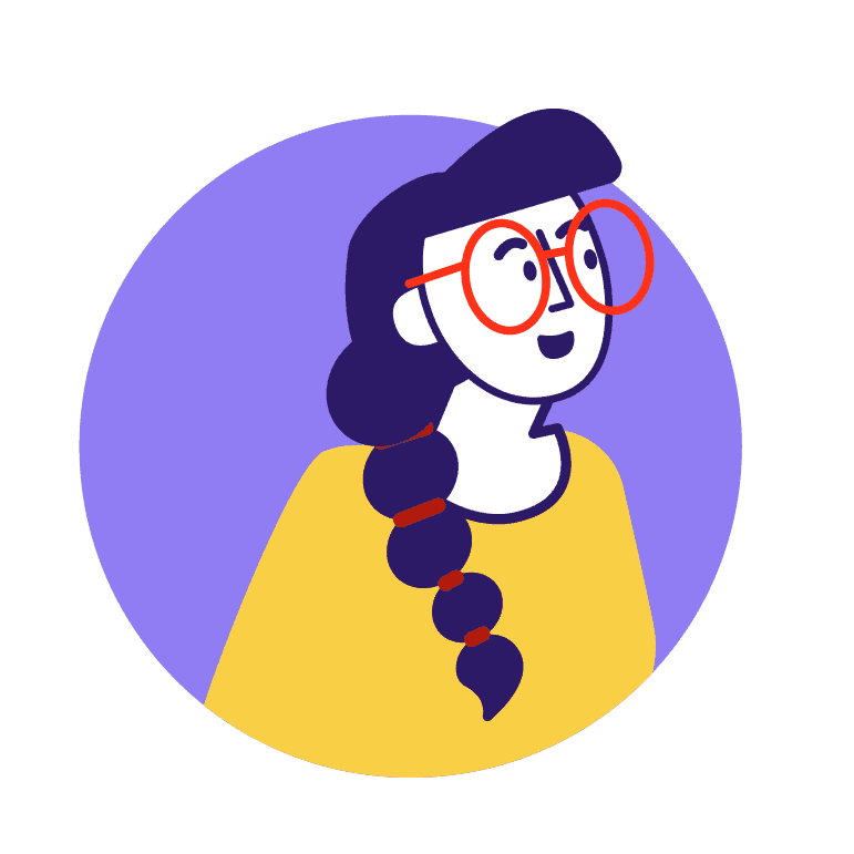 Ein illustrites Mädchen mit roter Brille und Zopf schaut aus einem lila Kreis.