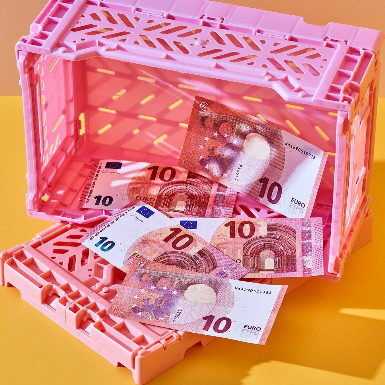 Inszeniertes Stillleben mit mehreren 10 Euro Scheinen. Sie sind in einem pinken, hochkant gestellten Plastikkiste drapiert.