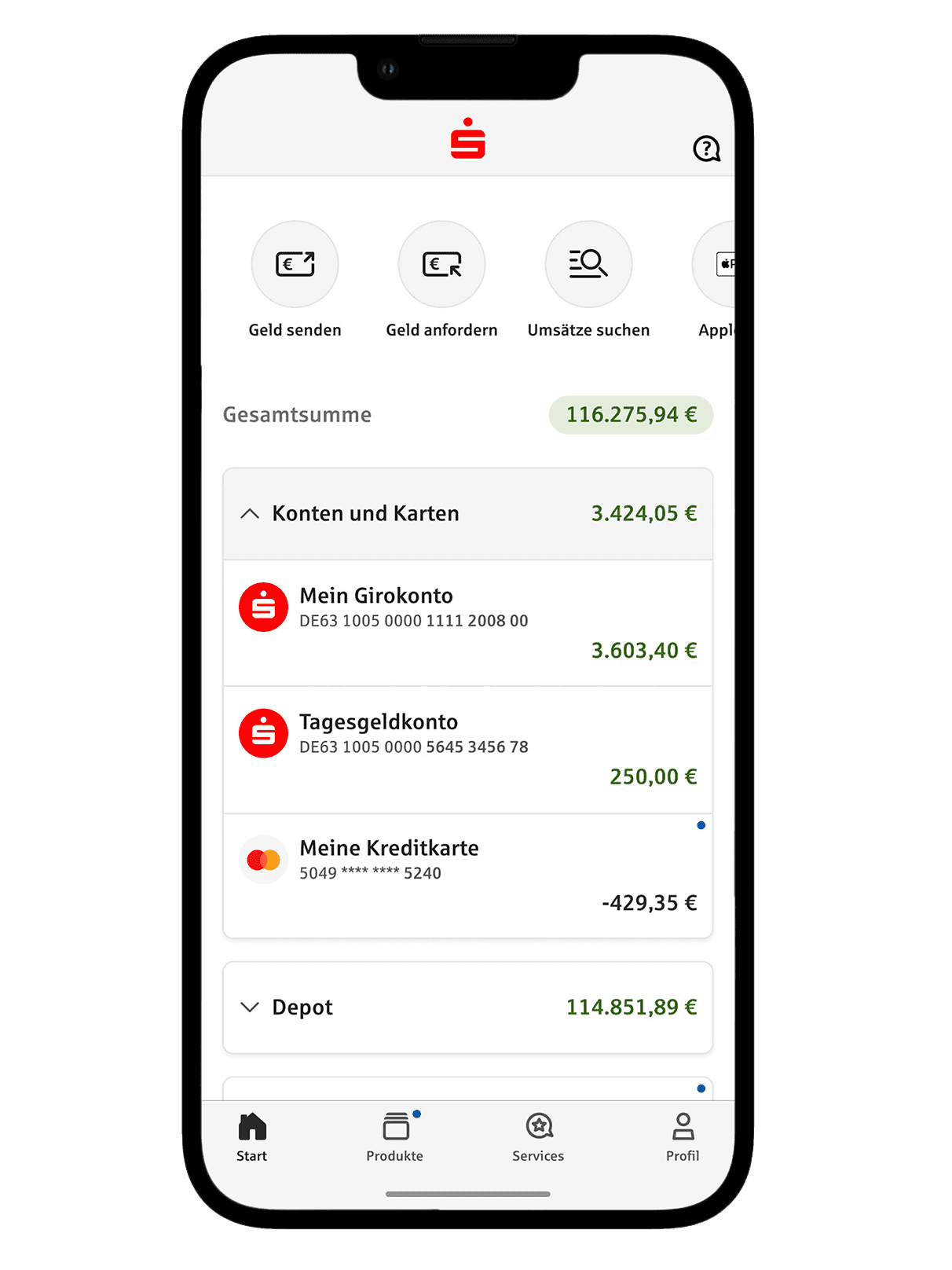 Ein transparent freigestellter Smartphone-Bildschirm mit der Benutzeroberfläche der Sparkassen-App vor weißem Hintergrund. Angezeigt wird die Seite mit den Konten und Karten und dem Kontostand.