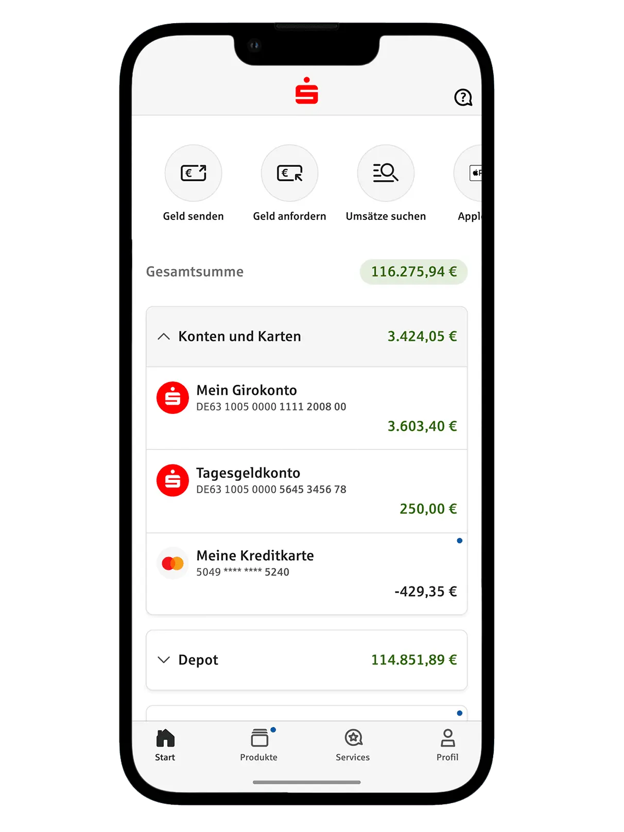 Ein transparent freigestellter Smartphone-Bildschirm mit der Benutzeroberfläche der Sparkassen-App vor weißem Hintergrund. Angezeigt wird die Seite mit den Konten und Karten und dem Kontostand.