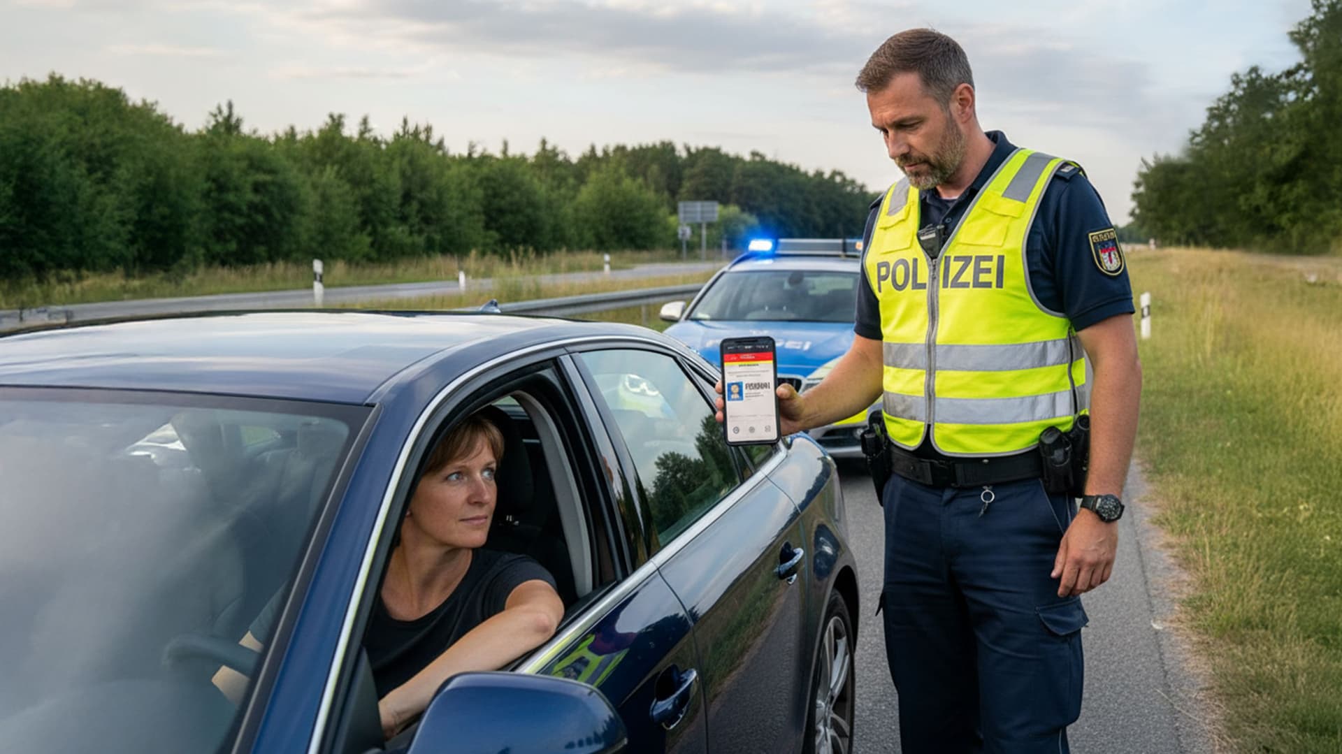 Ein Polizist kontrolliert eine Frau. Sie zeigt ihren Führerschein auf ihrem Smartphone.
