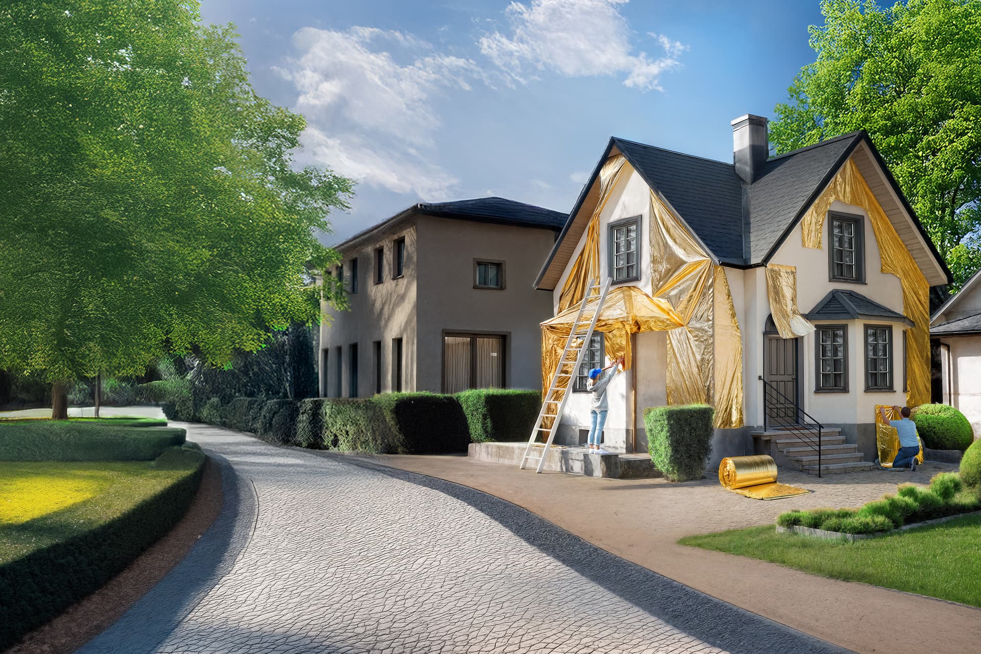 Einfamilienhaus mit schwarzem Dach wird von zwei Personen mit goldener Isolierfolie an der Fassade eingewickelt, Leiter lehnt am Haus, Garten mit Bäumen und Hecken im Hintergrund