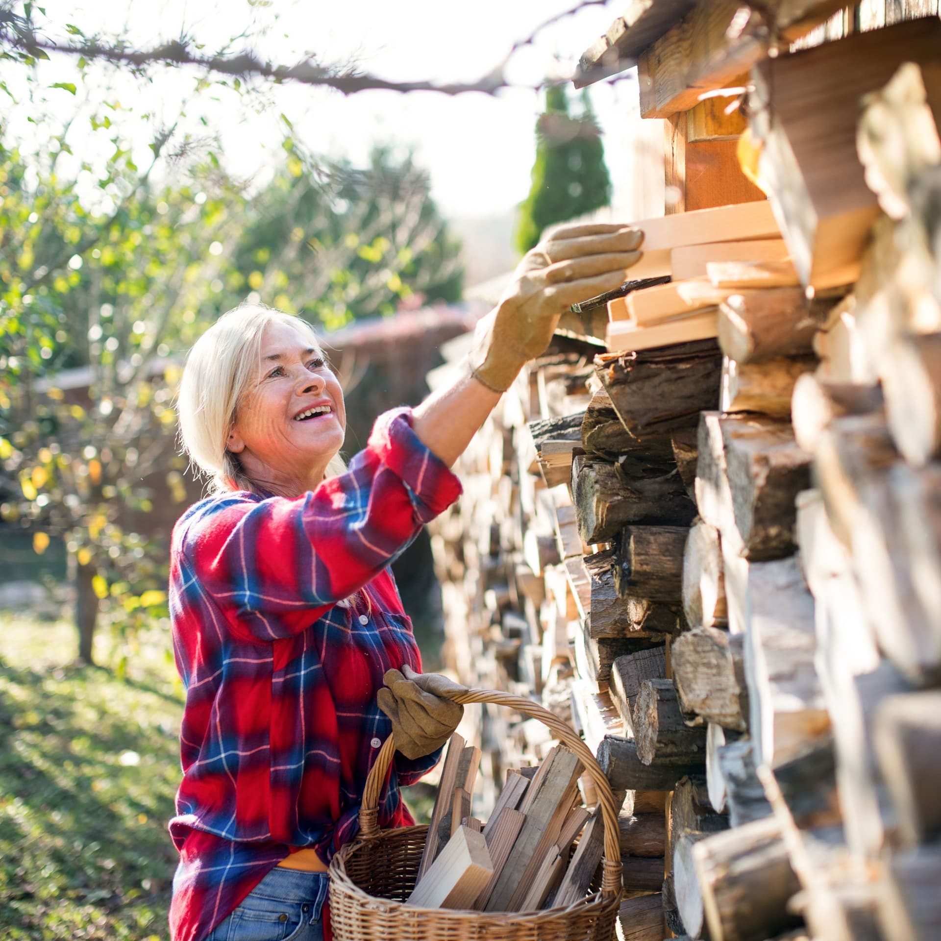 Seniorin lädt draußen bei Sonnenschein lachend Holzscheite von einem Holzstapel in einen Korb