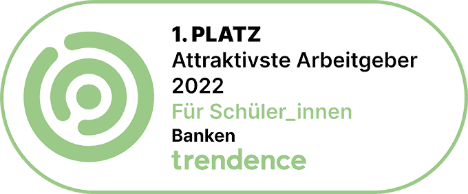 Ein grafisches Siegel von trendence mit der Zeile 'Erster Platz, attraktivste Arbeitgeber 2022 für Schüler und Schülerinnen. Banken'