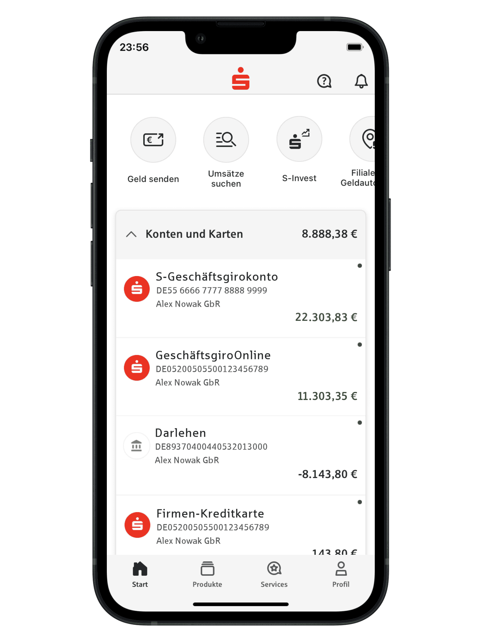 Ein transparent hinterlegter Smartphone-Display mit der Oberfläche der Sparkassen-Business-App. Auf dem Bildschirm sind neben dem Sparkassensymbol die verschiedenen Konten und Karten und deren Soll oder Haben zu sehen.