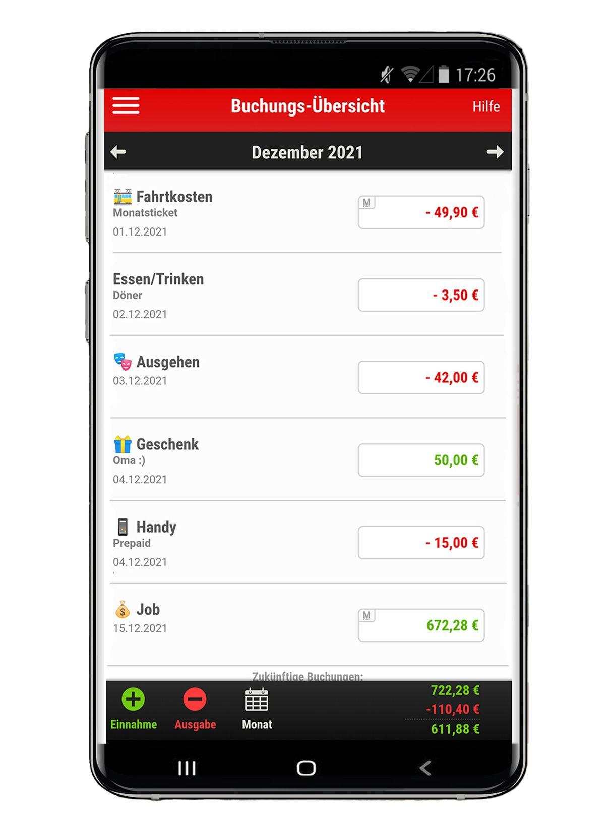 Ein transparent hinterlegtes Mock-Up von einem Smartphone-Bildschirm, der die Buchungsübersicht der Finanzchecker App der Sparkassen abbildet. Auf dem Bildschirm sind die Zahlungsein- und Ausgänge aufgeführt.