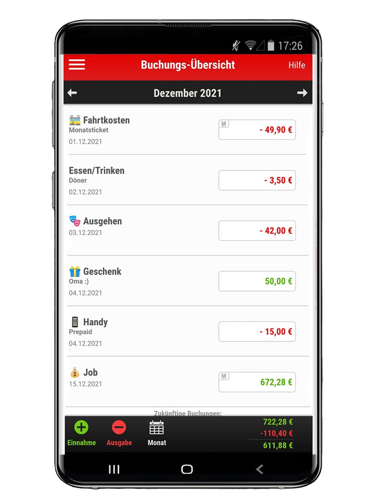 Ein transparent hinterlegtes Mock-Up von einem Smartphone-Bildschirm, der die Buchungsübersicht der Finanzchecker App der Sparkassen abbildet. Auf dem Bildschirm sind die Zahlungsein- und Ausgänge aufgeführt.