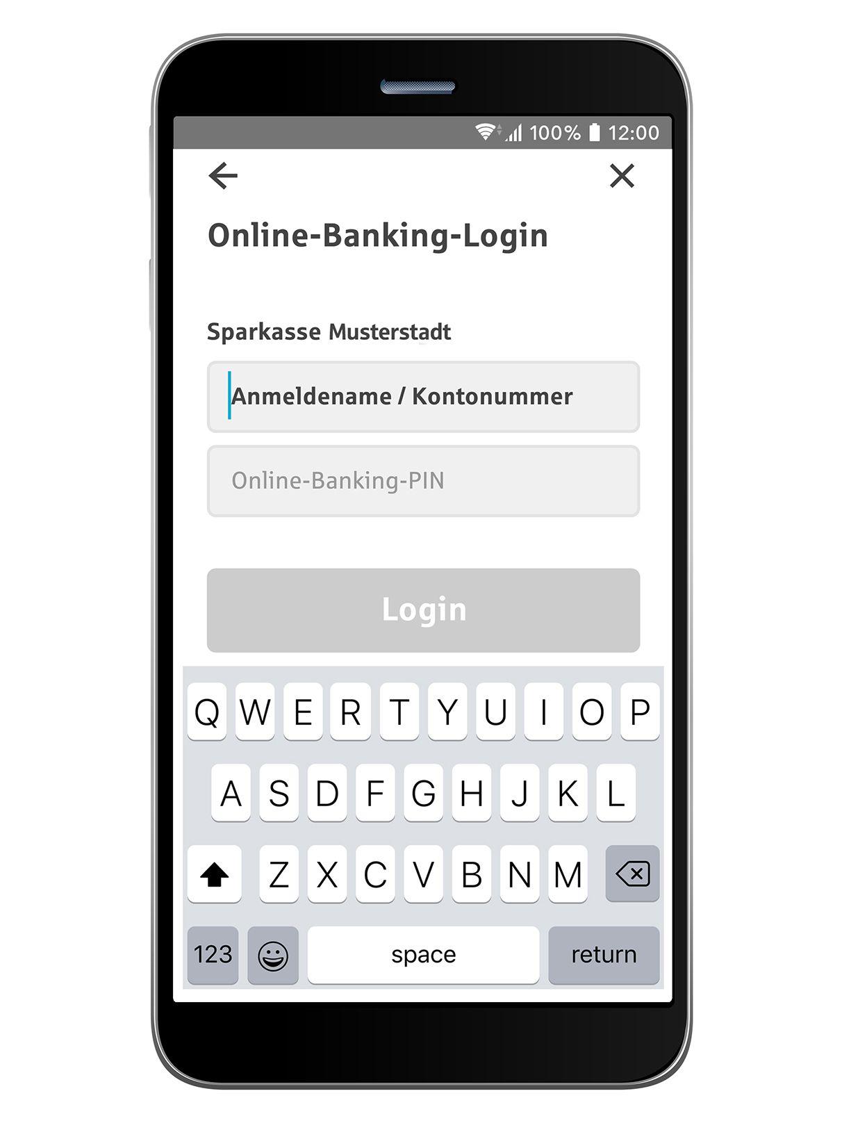 Ein Smartphone-Bildschirm auf weißem Grund. Zu erkennen ist die Login Seite für das Online Banking der Sparkasse. Anmeldename und Login wird abgefragt.