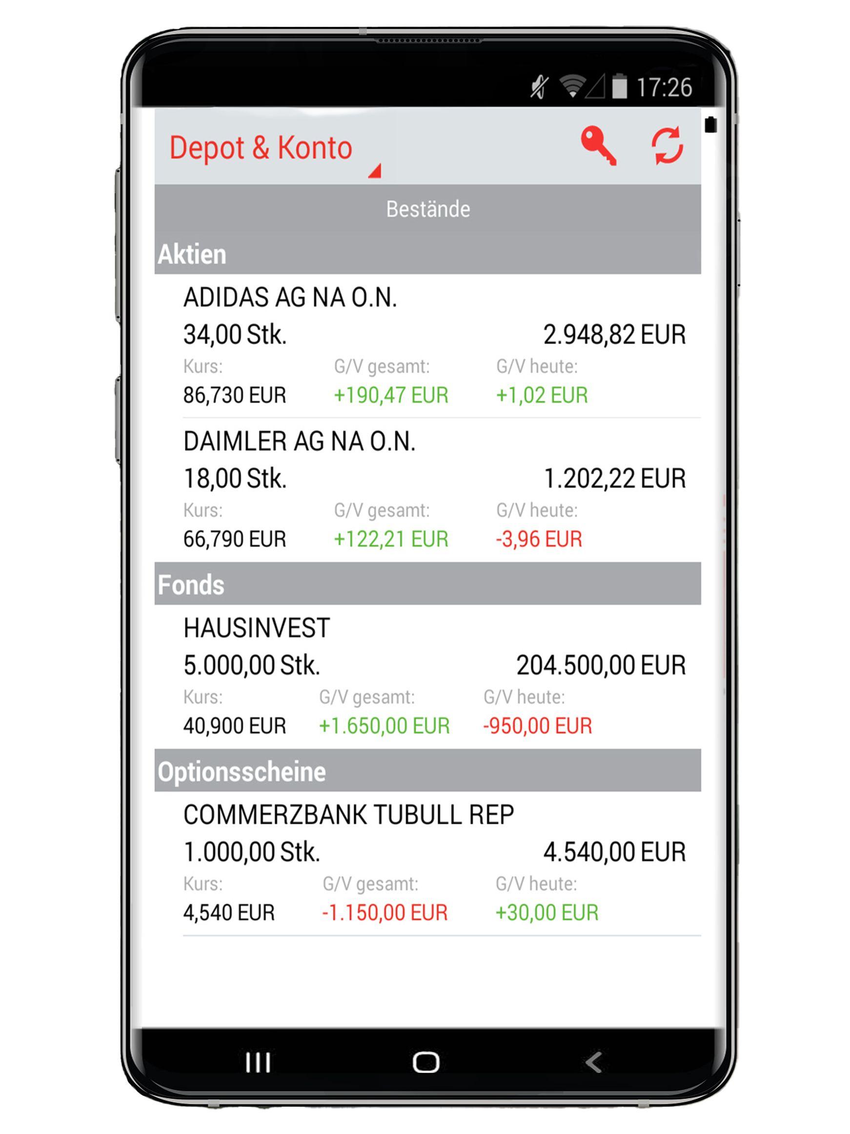 Ein Mock-Up von einem Smartphone-Bildschirm, der Depots und Konten in der S Broker-App der Sparkasse zeigt. Auf dem Display sind die Einlagen bei Aktien, Fonds und Optionsscheinen zu sehen.