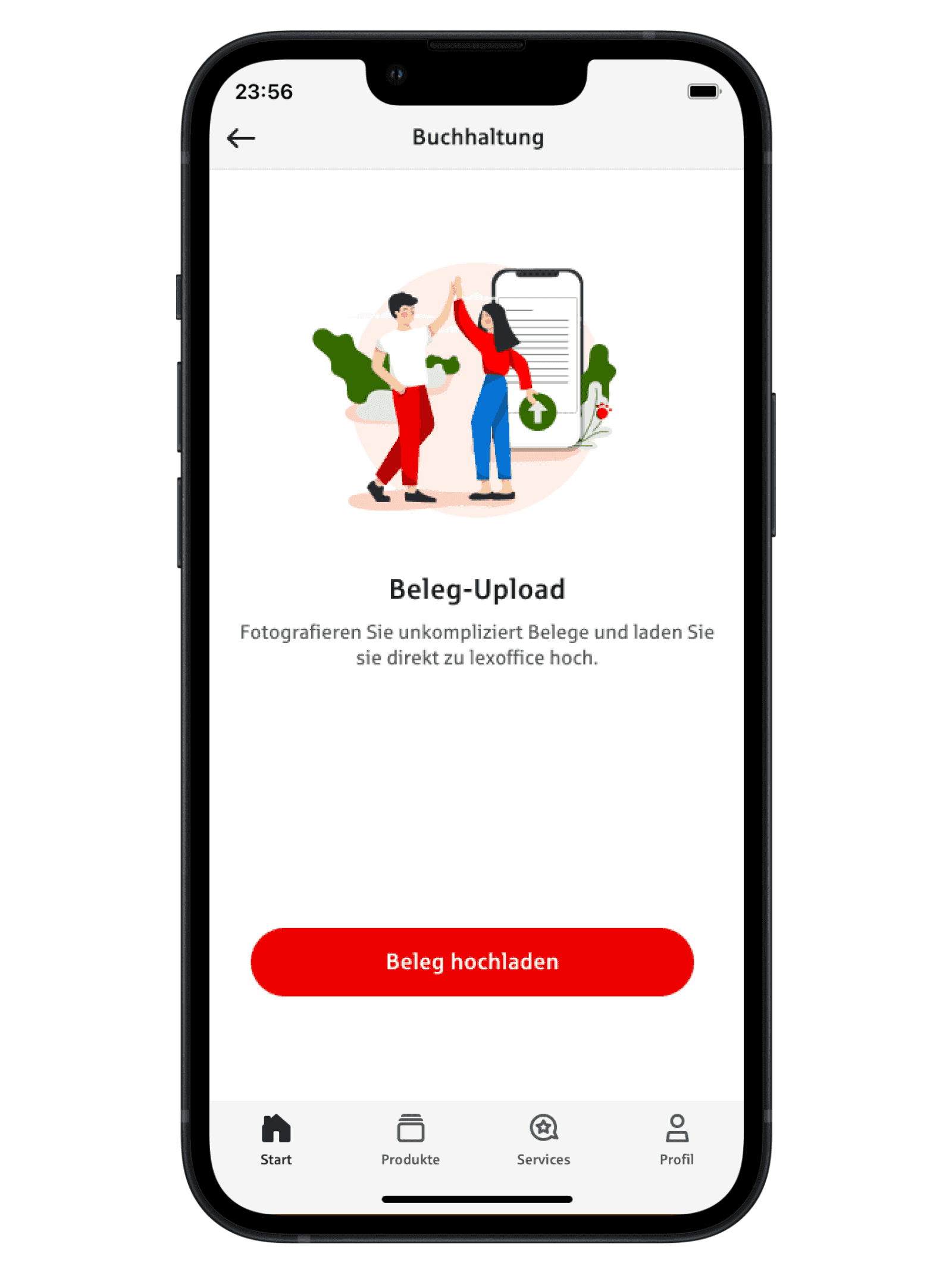 Ein transparent hinterlegter Smartphone-Display mit der Sparkassen-Business App. Auf dem Bildschirm ist neben weiteren Infos zur Fotoüberweisung, eine Illustration mit zwei Personen die sich high-five geben zu sehen.