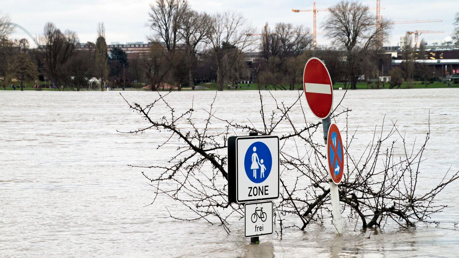 Der ansteigende Rhein überschwemmt Fußgängerwege in Köln, so dass nur Schilder aus dem Wasser ragen.