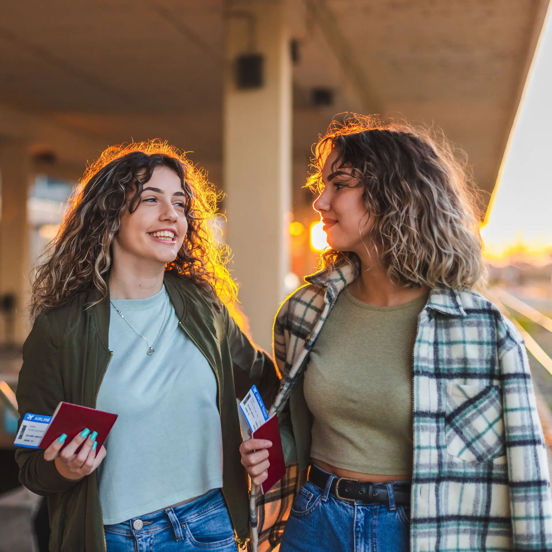 Zwei Teenager laufen lachend mit ihrem Reisepass in der Hand am Flughafen lang.